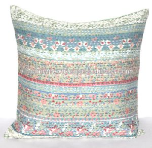Indian Pure Cotton Handmade Kantha Work Designer Sofa Cushion Cover Case
