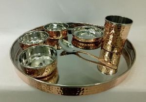 Copper Steel Hammered Thali Set