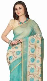 Laethnic Light Blue-Cream Supernet Checks Saree