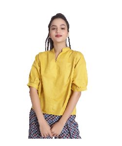 Mustard Peasant Sleeve Linen Top