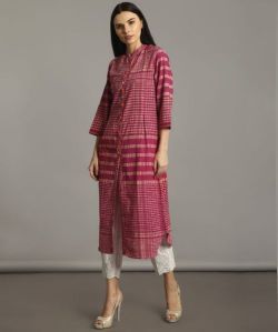 Pink Handloom Cotton Check Kurti