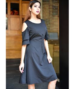 Solid Black Cold Shoulder Skater Dress