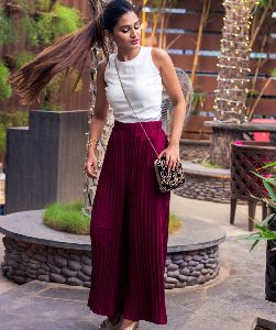 Uptownie Plus Maroon Pleated Crepe Adjustable Palazzo