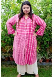 Uptownie Plus Pink Handloom Cotton Check Kurti