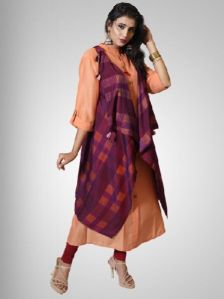 Cotton silk Peach colour Kurta with shawl Jacket