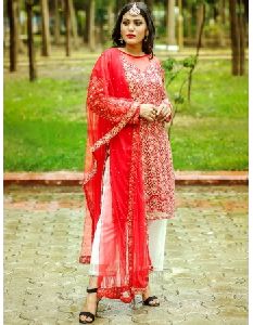 Full Sleeves Red Designer Suit With Fancy Net Dupatta