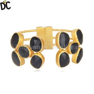 Designer Black Onyx Gemstone Gold Plated Brass Openable Cuff Bangle