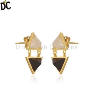 Rainbow Moonstone And Black Onyx Gemstone Brass Fashion Earrings