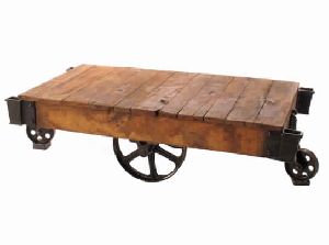 Metal And Wooden Railroad Cart Coffee Table