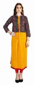 Cotton Fabric Printed Yellow Gray Kurti