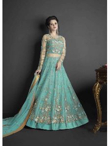 Indian Latest Designer Turquoise Blue Color Net Semi Stiiched Salwar Suit