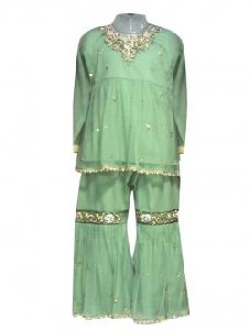 Light Green Georgette Wedding Wear Lace Work Kids Sharara Style