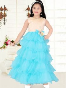 Sky Blue Net Festival Wear Patch Work Kids Gown