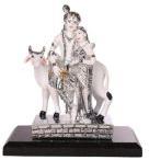 Radha Krishna Glossy Silver White Statue