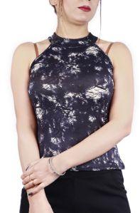 Turtle Neck Sleeveless Printed Black Colour Crop top