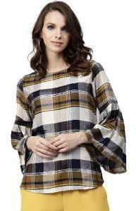 Jaipur Kurti Women Beige Checked Straight Rayon Top