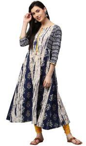 Jaipur Kurti Women Indigo Fusion of Prints Anarkali Cotton Kurta