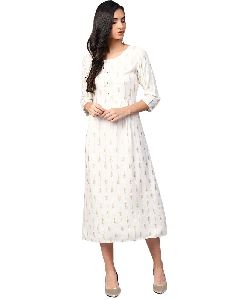 Jaipur Kurti Women Off White Geometric A-Line Rayon Dress