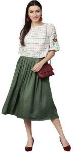 Jaipur Kurti Women Off White Green Geometric Straight Cotton Dobby Top With Skirt