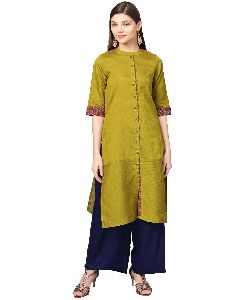 Green Textured Straight Cotton Silk Kurta