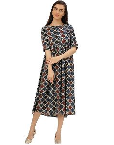 Jaipur Kurti Women Indigo Geometrical Print Cotton Kantha Dress