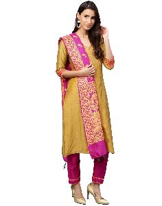 Kurti Women Mustard and Rani Solid Straight Chanderi Kurta with Pant and Dupatta