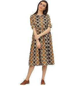 Mustard Geometrical Print Cotton Kantha Dress