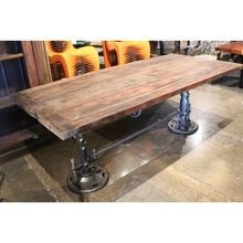 Industrial design dining crank table iron base legs antiqued teak wood top