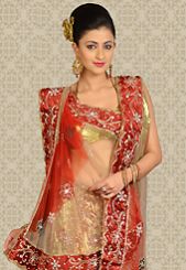 Gold and Maroon Net A-Line Lehenga Choli with Dupatta