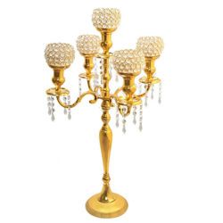 5 Arm Gold Candelabra with Crystal Votives and Dangles