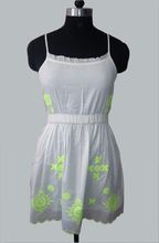 WHITE COTTON SHORT DRESS WITH FLORESCENT COLOR EMB. AT BOTTOM