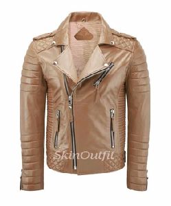 MOTORCYCLE BIKER LEATHER JACKET CAMEL BEIGE