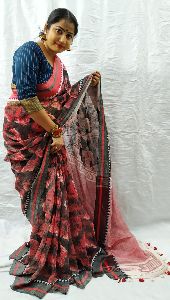 Glittery Handloom Pure Print Linen Saree