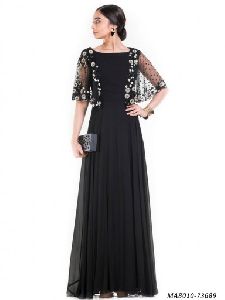 Black Georgette Embroidery Party Maxi Cape Dress