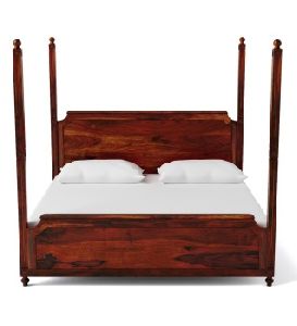 Vintage Indian Solid Wood Poster in Honey Oak Finish King Size Bed