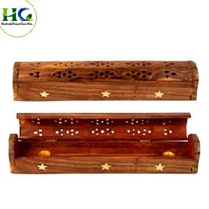 Wooden Coffin Brass Inlaid Storage Compartment Ash Catcher Holder Incense Burner