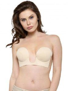 Deep U Plunge Self Adhesive Beige Push Up Invisible Stick On Backless Strapless Bra