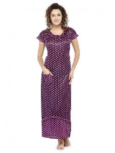 Dot Purple Satin Nighty Night Dress Nightwear