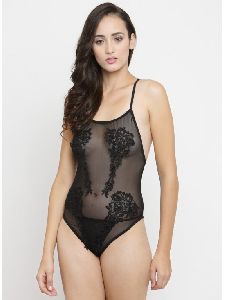 Floral Embroidered See Thru Black Mesh Exotic Lingerie Teddy Dress Nightwear