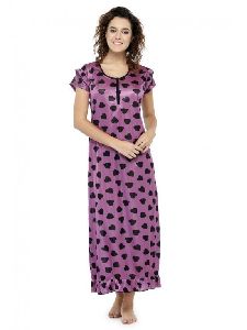Print Purple Satin Maxi Nightwear Nightdress