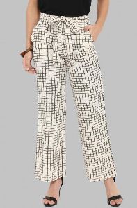 Beige Checkered Cotton Straight Pant