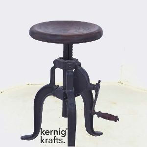 CAST IRON INDUSTRIAL STOOL WOODEN TOP