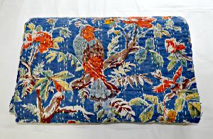 Bird Print Kantha Bedspread Ethnic Blanket Quilt