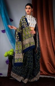 Natural Ajrakh Hand Block Printed Cotton Saree