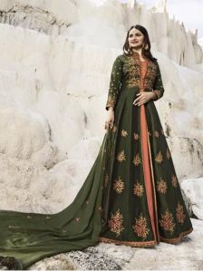 Green & Peach Embroidered Anarkali Suit
