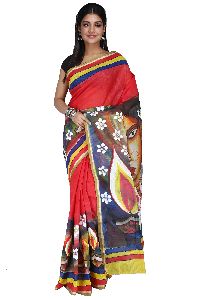 Hand Painted Cotton Handloom Saree with golden zari border