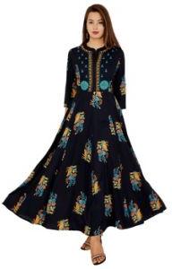 Navy Blue Floor Long Rayon Frock Kurti