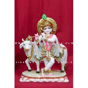 Marble Krishna with Cow Statue