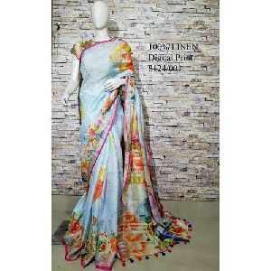 Designer Printed Linen Saree