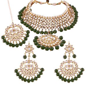 Ankur attractive gold plated kundan and green pearl choker wedding necklace set for women